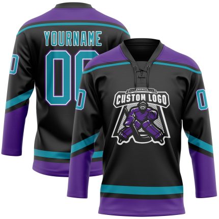 Personalized Hockey Jersey with Black Teal-White Lace Neck Design Personalized Black Teal-White Hockey Lace Neck Jersey