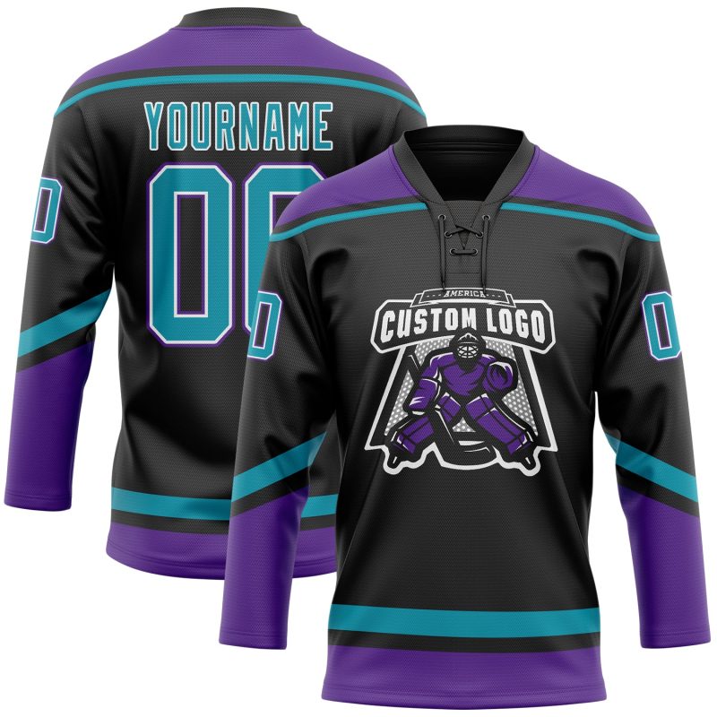 Personalized Hockey Jersey with Black Teal-White Lace Neck Design Personalized Black Teal-White Hockey Lace Neck Jersey