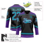 Personalized Hockey Jersey with Black Teal-White Lace Neck Design Personalized Black Teal-White Hockey Lace Neck Jersey