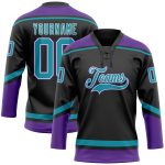 Personalized Hockey Jersey with Black Teal-White Lace Neck Design Personalized Black Teal-White Hockey Lace Neck Jersey