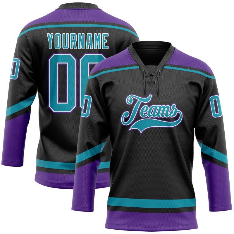 Personalized Hockey Jersey with Black Teal-White Lace Neck Design Personalized Black Teal-White Hockey Lace Neck Jersey
