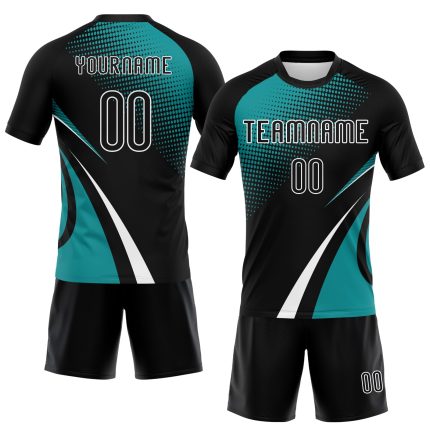 Custom Name and Number Volleyball Jersey - Personalized Black Teal-White Lines and Dots Uniform Personalized Black Teal-White