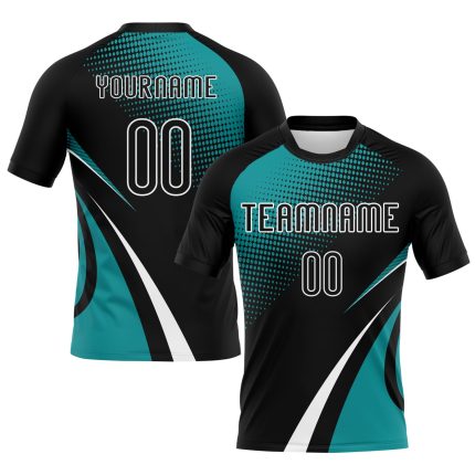 Custom Name and Number Volleyball Jersey - Personalized Black Teal-White Lines and Dots Uniform Personalized Black Teal-White