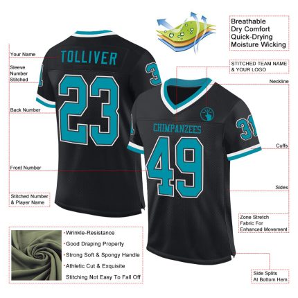Custom Black Teal-White Mesh Football Jersey with Personalized Name and Number - Authentic Throwback Design Personalized