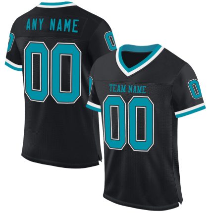 Custom Black Teal-White Mesh Football Jersey with Personalized Name and Number - Authentic Throwback Design Personalized