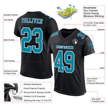 Personalized Black Teal White Football Jersey - Custom Team Mesh Shirt Personalized Black Teal-White Mesh Football Jersey