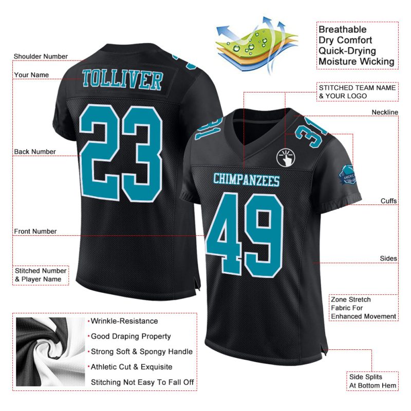 Personalized Black Teal White Football Jersey - Custom Team Mesh Shirt Personalized Black Teal-White Mesh Football Jersey
