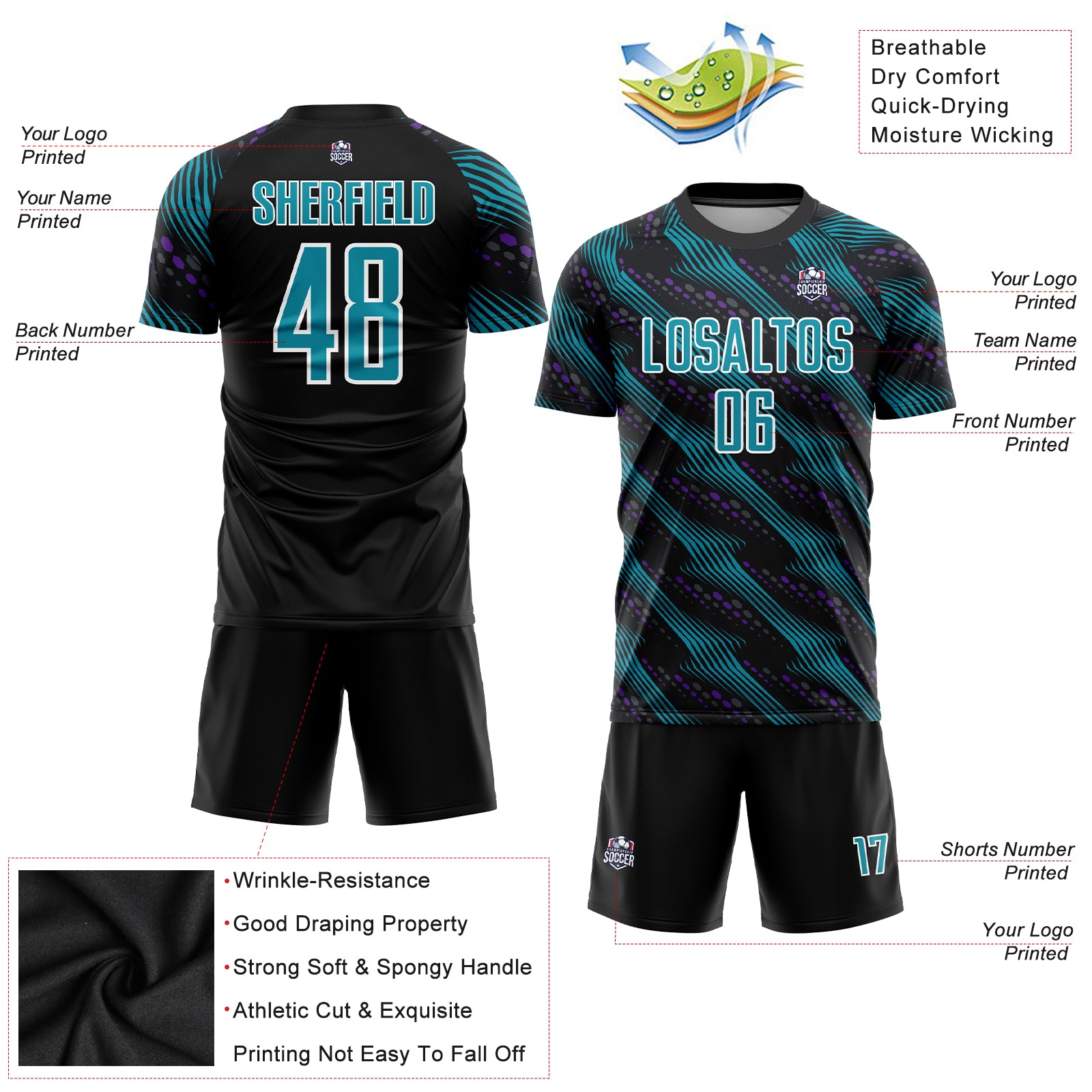 Personalized Sublimation Soccer Uniform Jersey in Black Teal White for Team Sports Personalized Black Teal-White Sublimation - Image 3