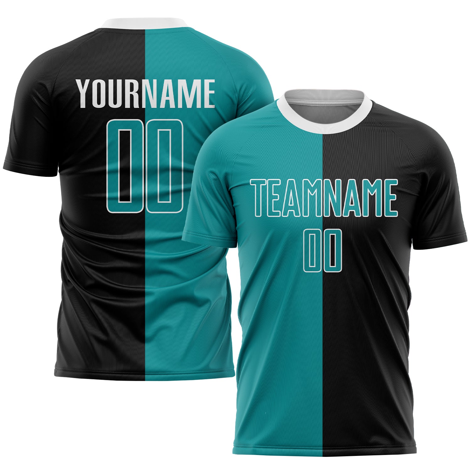 Custom Soccer Jersey with Personalized Name and Number, Black Teal-White Sublimation Split Fashion Uniform Personalized Black