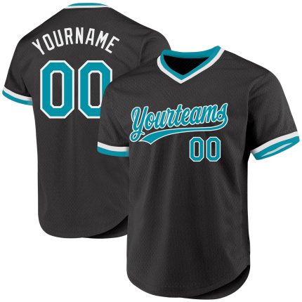 Personalized Black Teal White Throwback Baseball Jersey for Men and Women Personalized Black Teal-White Throwback Baseball