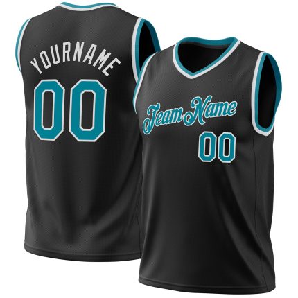 Personalized Throwback Basketball Jersey in Black Teal-White - Custom #2 Personalized Black Teal-White Throwback Basketball