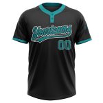 Custom Unisex Softball Jersey - Black Teal White Two-Button Design Personalized Black Teal-White Two-Button Unisex Softball