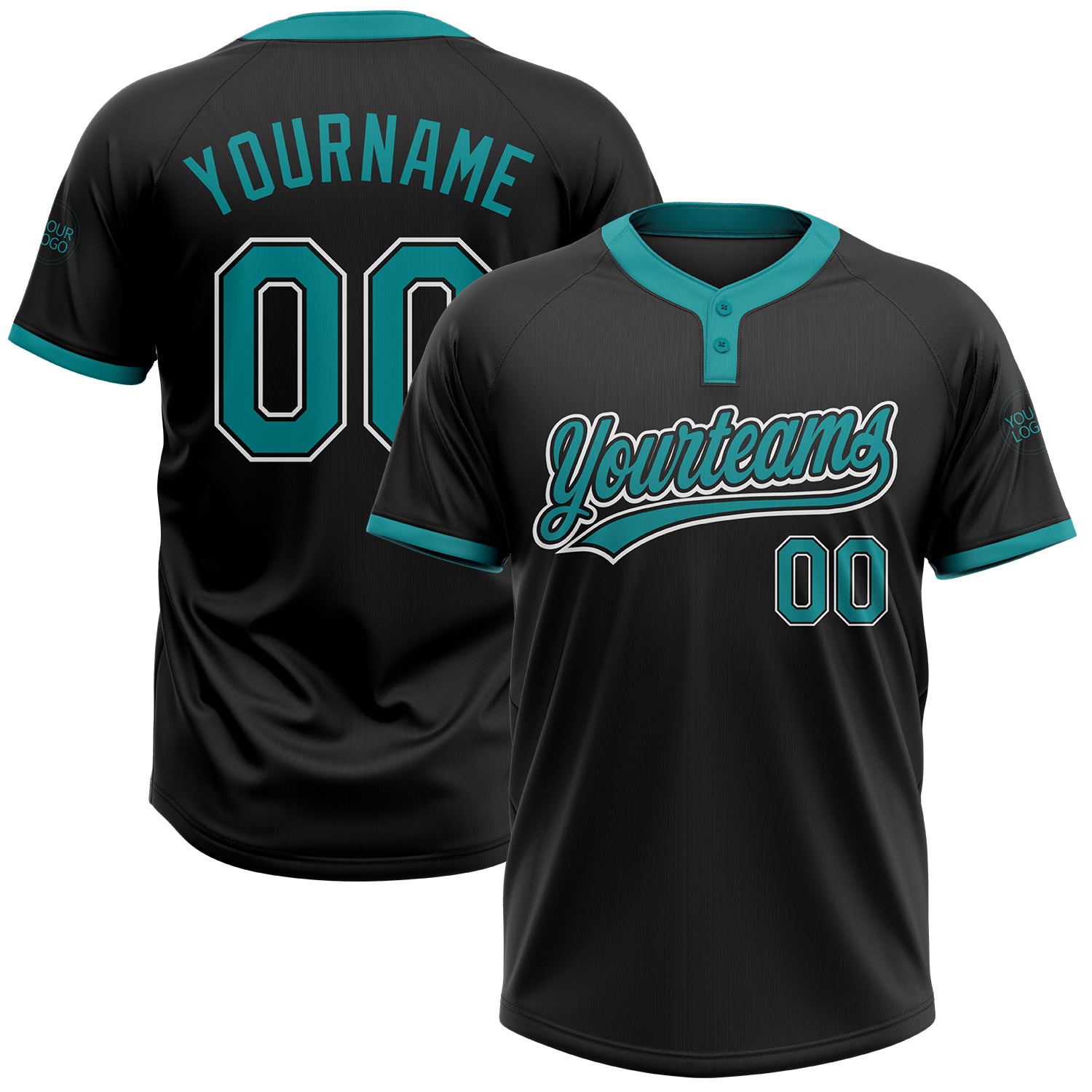Custom Unisex Softball Jersey - Black Teal White Two-Button Design Personalized Black Teal-White Two-Button Unisex Softball