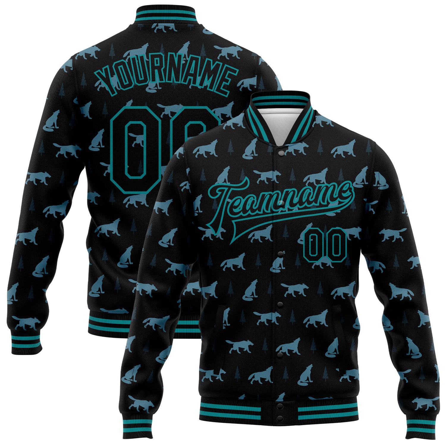 Personalized 3D Wolf Varsity Letterman Jacket Black Teal Full-Snap Bomber Personalized Black Teal Wolf 3D Bomber Full-Snap