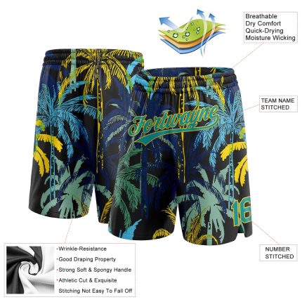 Custom Name and Number Basketball Shorts with 3D Hawaii Palm Trees in Black Teal-Yellow - Personalized Team Apparel Personalized