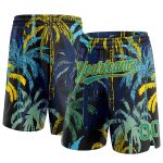 Custom Name and Number Basketball Shorts with 3D Hawaii Palm Trees in Black Teal-Yellow - Personalized Team Apparel Personalized