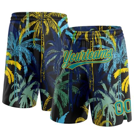 Custom Name and Number Basketball Shorts with 3D Hawaii Palm Trees in Black Teal-Yellow - Personalized Team Apparel Personalized
