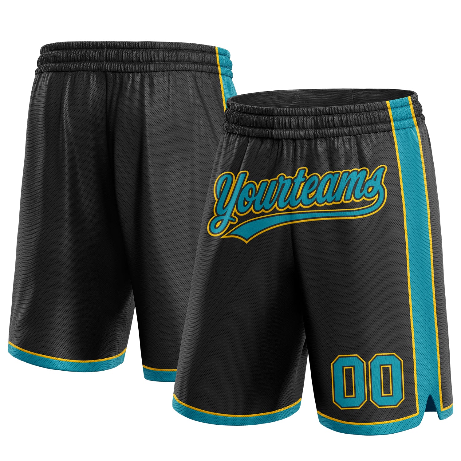Custom Name and Number Basketball Shorts in Black Teal-Yellow - Personalized Authentic Sports Gear Personalized Black Teal-Yellow