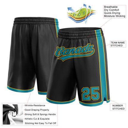Custom Name and Number Basketball Shorts in Black Teal-Yellow - Personalized Authentic Sports Gear Personalized Black Teal-Yellow
