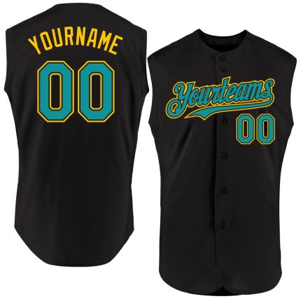Custom Name Number Black Teal-Yellow Sleeveless Baseball Jersey - Personalized Authentic Team Apparel Personalized Black