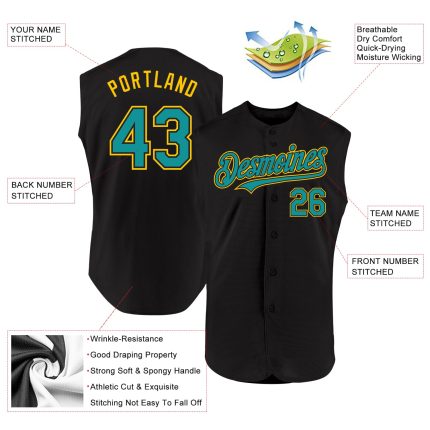 Custom Name Number Black Teal-Yellow Sleeveless Baseball Jersey - Personalized Authentic Team Apparel Personalized Black
