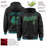 Custom Name & Number Black Teal-Yellow Bomber Varsity Letterman Hoodie Jacket Personalized Black Teal-Yellow Bomber Full-Snap