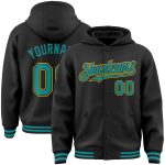 Custom Name & Number Black Teal-Yellow Bomber Varsity Letterman Hoodie Jacket Personalized Black Teal-Yellow Bomber Full-Snap