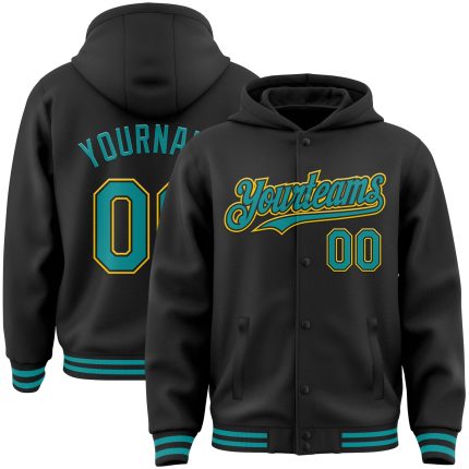 Custom Name & Number Black Teal-Yellow Bomber Varsity Letterman Hoodie Jacket Personalized Black Teal-Yellow Bomber Full-Snap