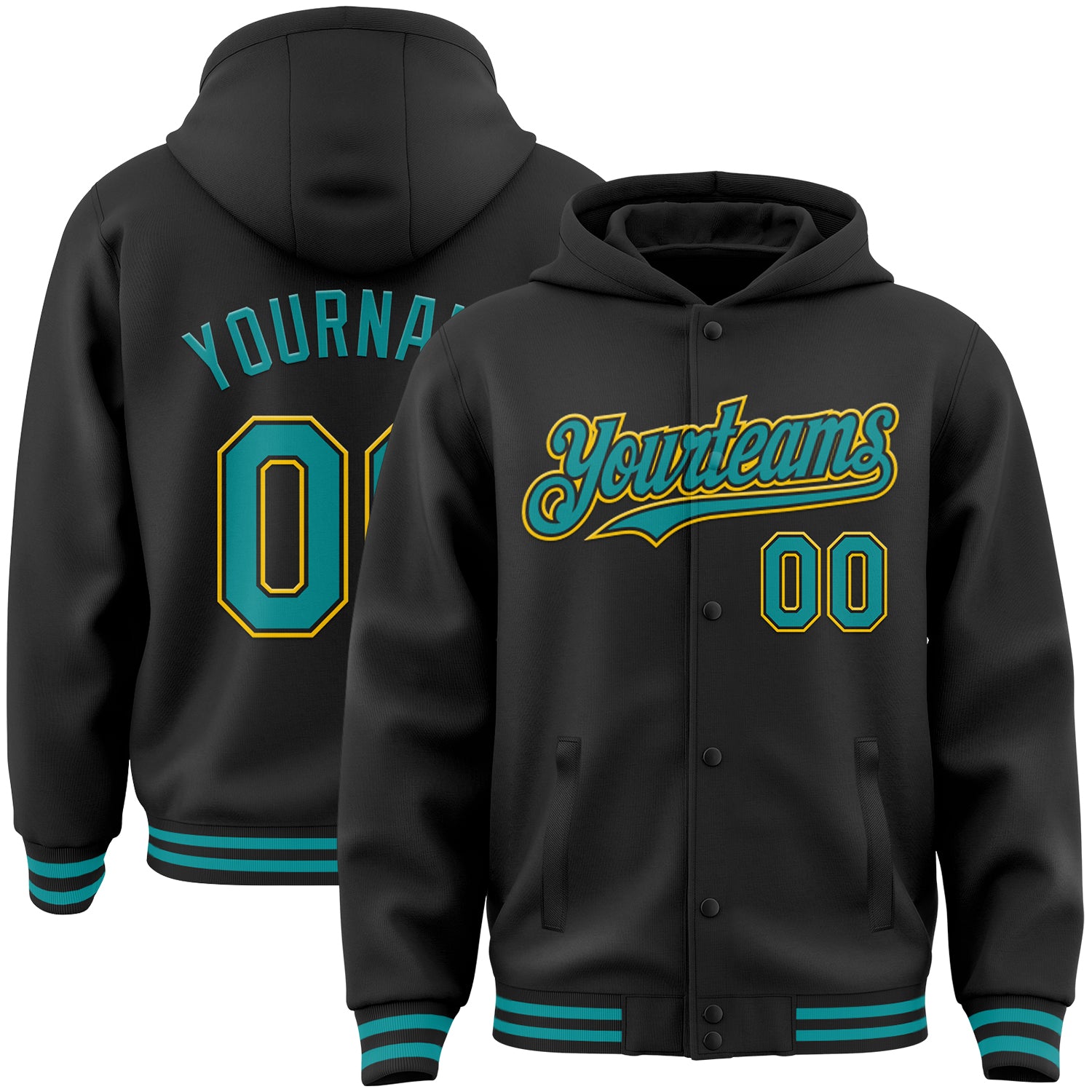 Custom Name & Number Black Teal-Yellow Bomber Varsity Letterman Hoodie Jacket Personalized Black Teal-Yellow Bomber Full-Snap