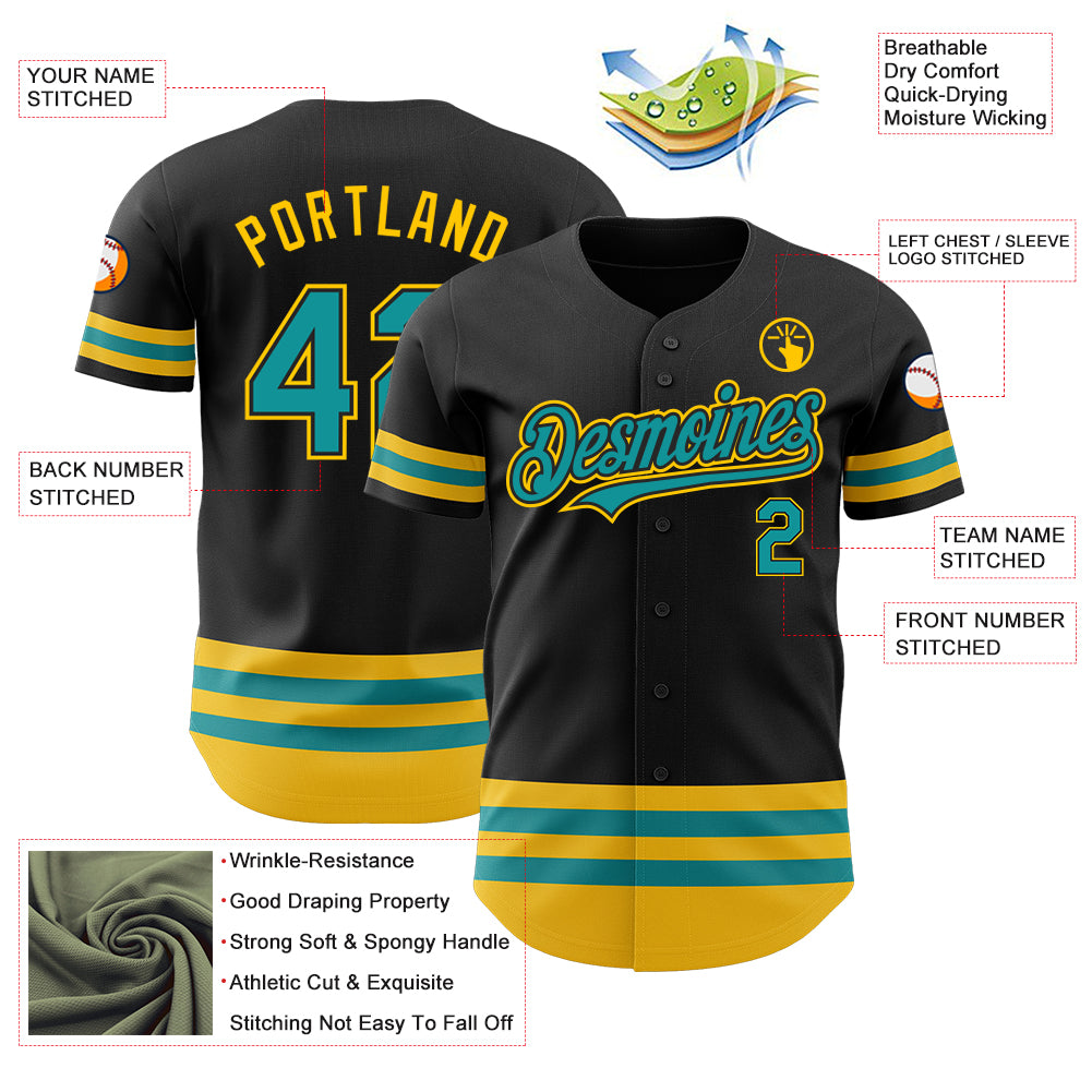 Personalized Black Teal-Yellow Line Authentic Baseball Jersey Team Custom Name and Number Custom Name Number Authentic Baseball Jersey Personalized Black Teal Yellow Line Personalized Black Teal-Yellow Line Authentic - Image 3