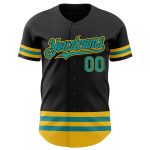 Personalized Baseball Jersey in Black with Teal and Yellow Stripe Design Personalized Black Teal-Yellow Line Baseball Jersey