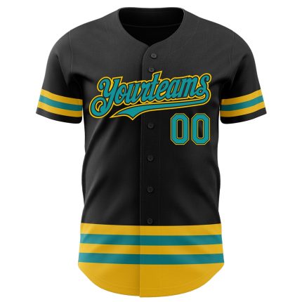 Personalized Baseball Jersey in Black with Teal and Yellow Stripe Design Personalized Black Teal-Yellow Line Baseball Jersey