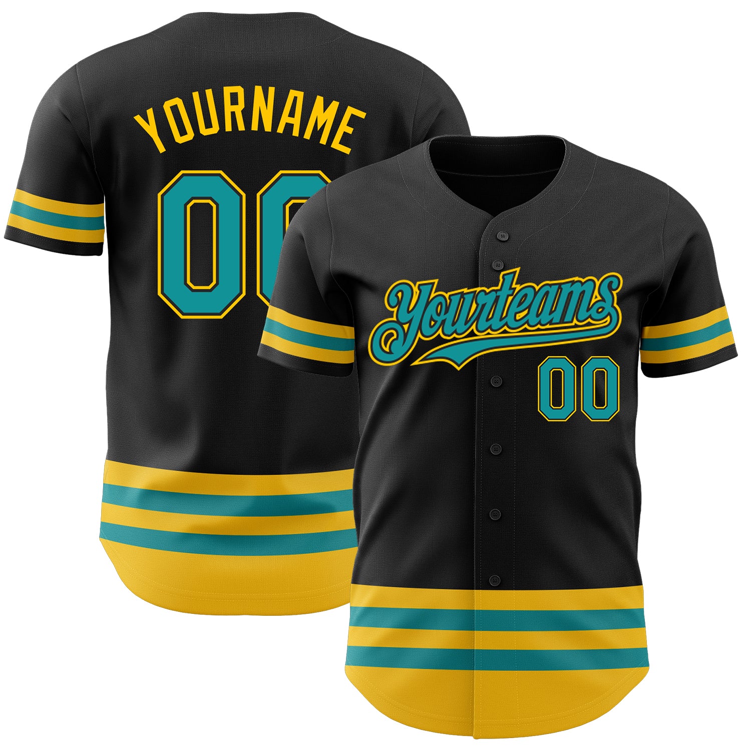 Personalized Baseball Jersey in Black with Teal and Yellow Stripe Design Personalized Black Teal-Yellow Line Baseball Jersey