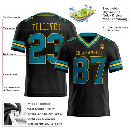 Custom Football Jersey with Personalized Name and Number in Black Teal-Yellow Mesh - Authentic Design Personalized Black