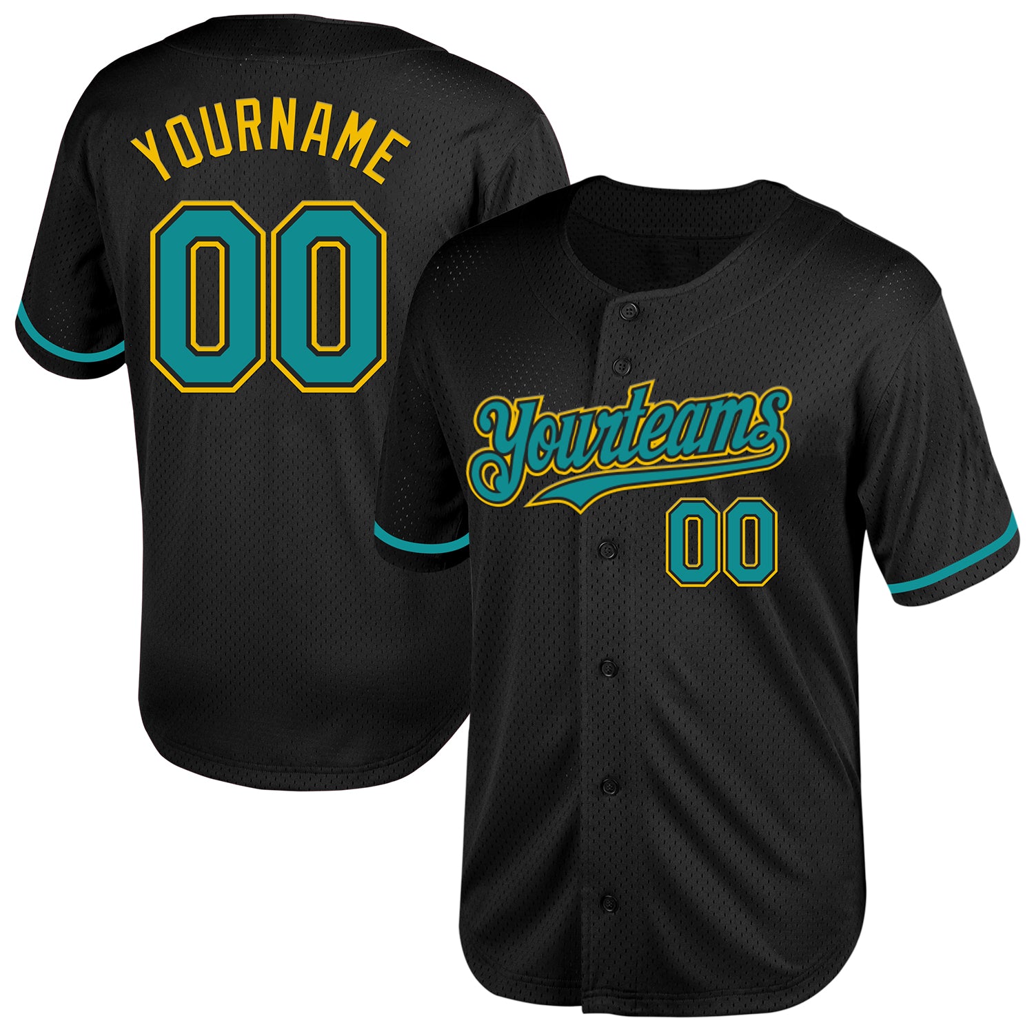 Custom Team Baseball Jersey with Personalized Name and Number - Black Teal-Yellow Mesh Authentic Throwback Personalized Black