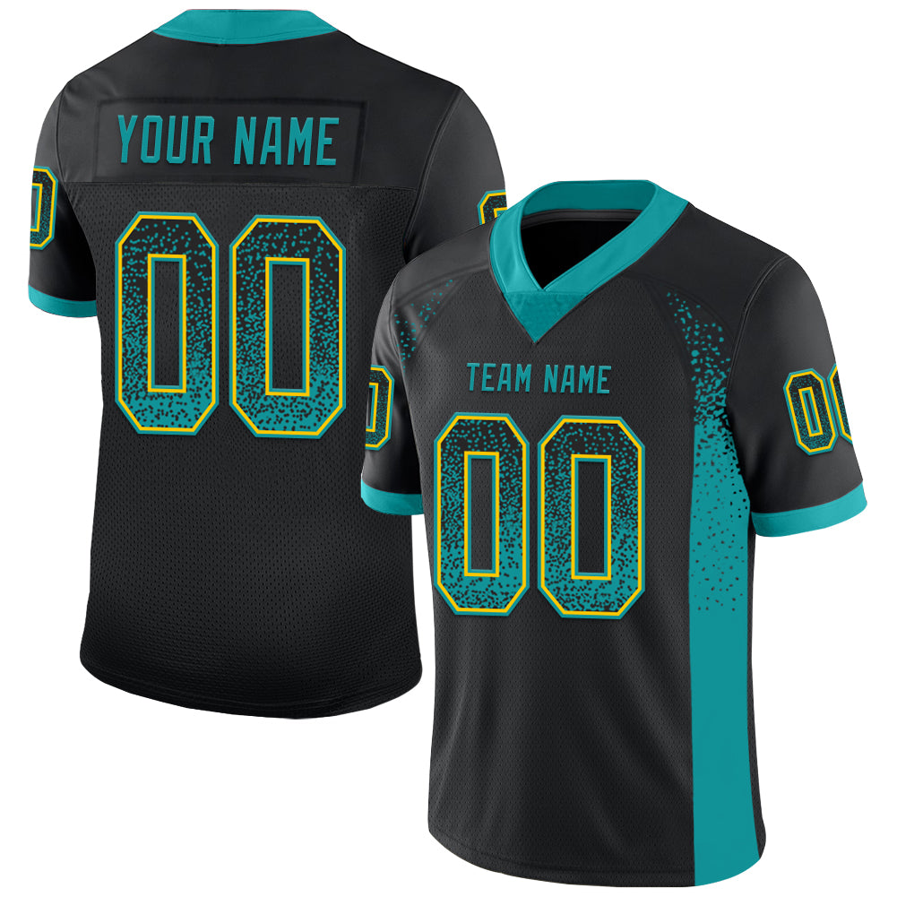 Personalized Football Jersey in Black Teal-Yellow Mesh | Custom Drift Style Personalized Black Teal-Yellow Mesh Drift Fashion