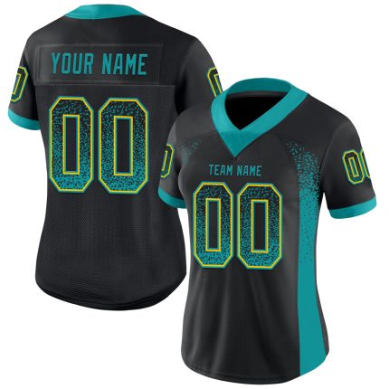 Personalized Football Jersey in Black Teal-Yellow Mesh | Custom Drift Style Personalized Black Teal-Yellow Mesh Drift Fashion