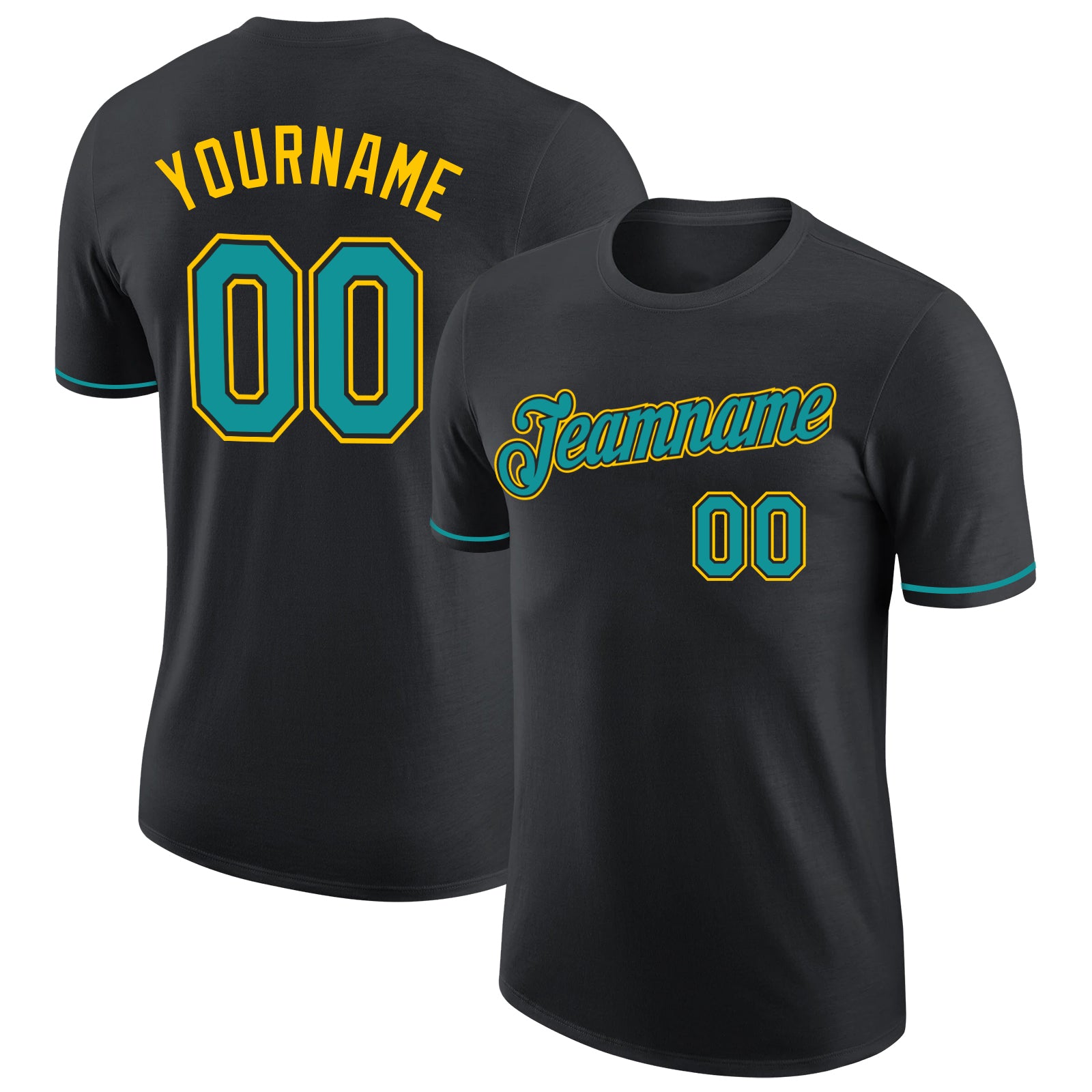Custom Personalized Team Performance T-Shirt with Name & Number - Black Teal-Yellow Personalized Black Teal-Yellow Performance