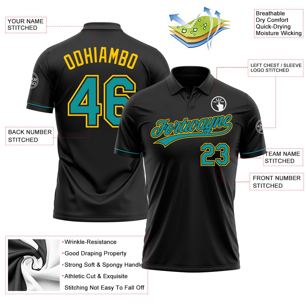 Personalized Black Teal-Yellow Performance Vapor Golf Polo Shirt Team Custom Name and Number Custom Name and Number Performance Golf Polo Shirt in Black Teal-Yellow - Personalized Team Apparel Personalized Black Teal-Yellow - Image 3