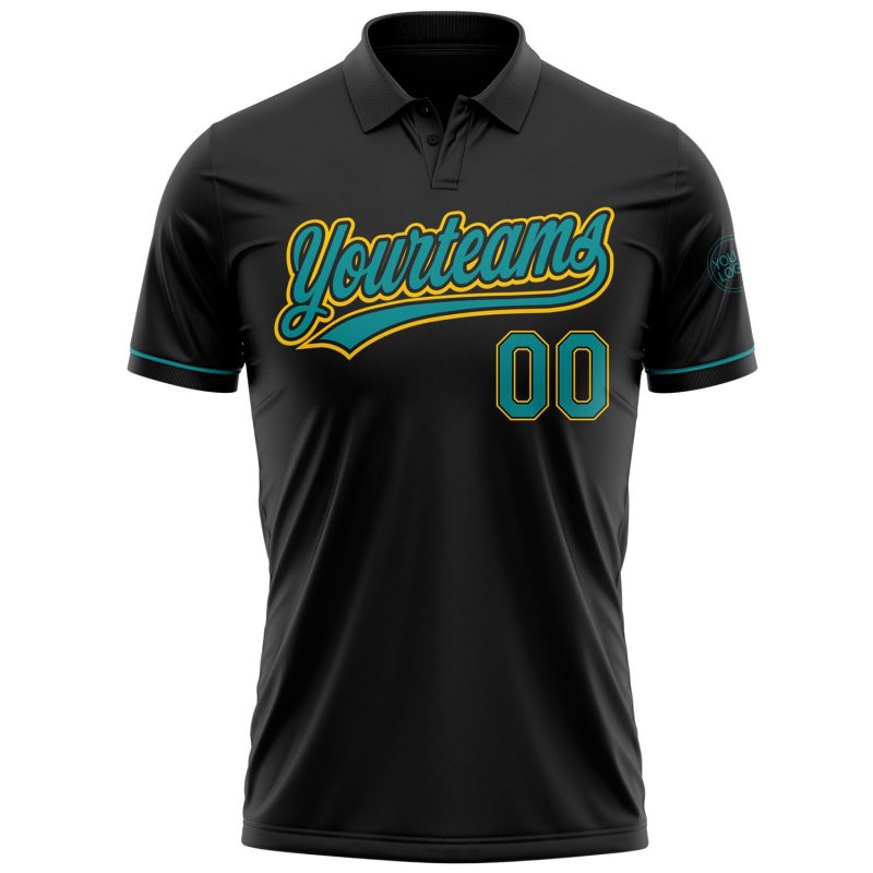 Custom Name and Number Performance Golf Polo Shirt in Black Teal-Yellow - Personalized Team Apparel Personalized Black Teal-Yellow