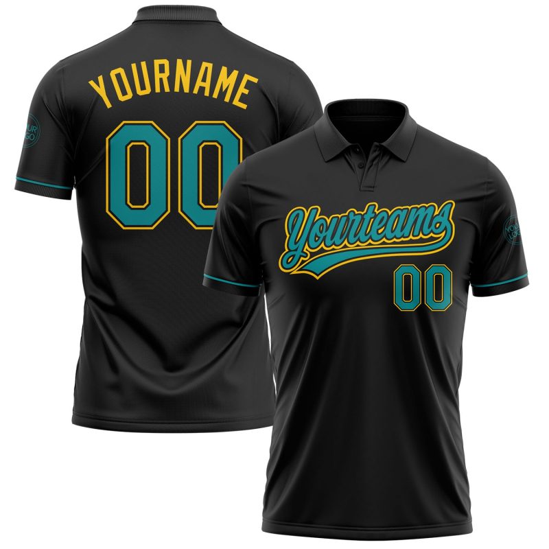 Custom Name and Number Performance Golf Polo Shirt in Black Teal-Yellow - Personalized Team Apparel Personalized Black Teal-Yellow