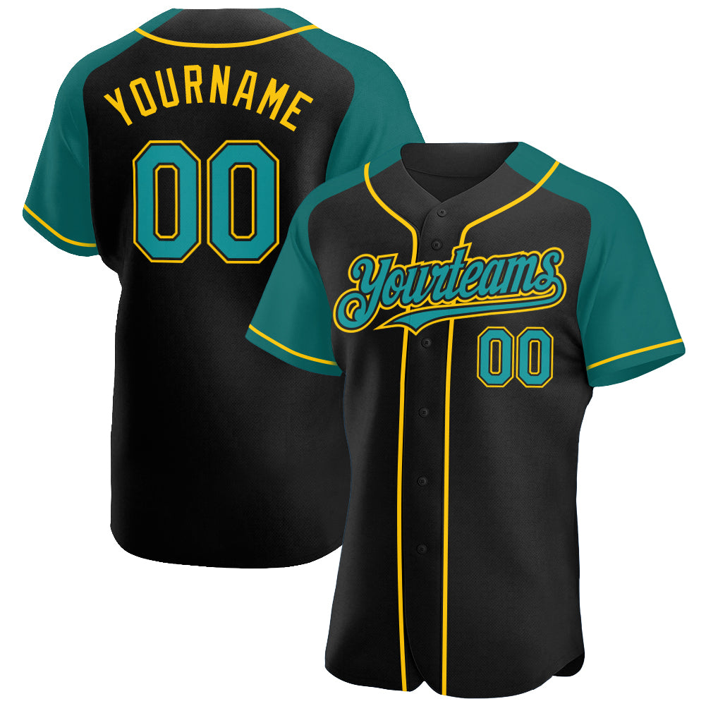 Personalized Baseball Jersey in Black Teal-Yellow with Raglan Sleeves Personalized Black Teal-Yellow Raglan Sleeves Baseball