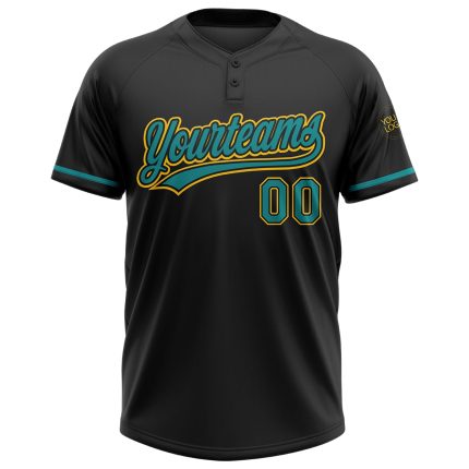 Personalized Softball Jersey Unisex Black Teal-Yellow Two-Button Design Personalized Black Teal-Yellow Two-Button Unisex