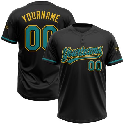 Custom Name and Number Unisex Softball Jersey - Personalized Black Teal-Yellow Two-Button Design Personalized Black Teal-Yellow