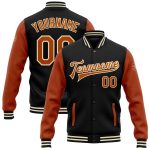 Custom Name Number Bomber Jacket Two Tone Black Orange-Cream Varsity Full-Snap Texas Team Personalized Apparel Personalized