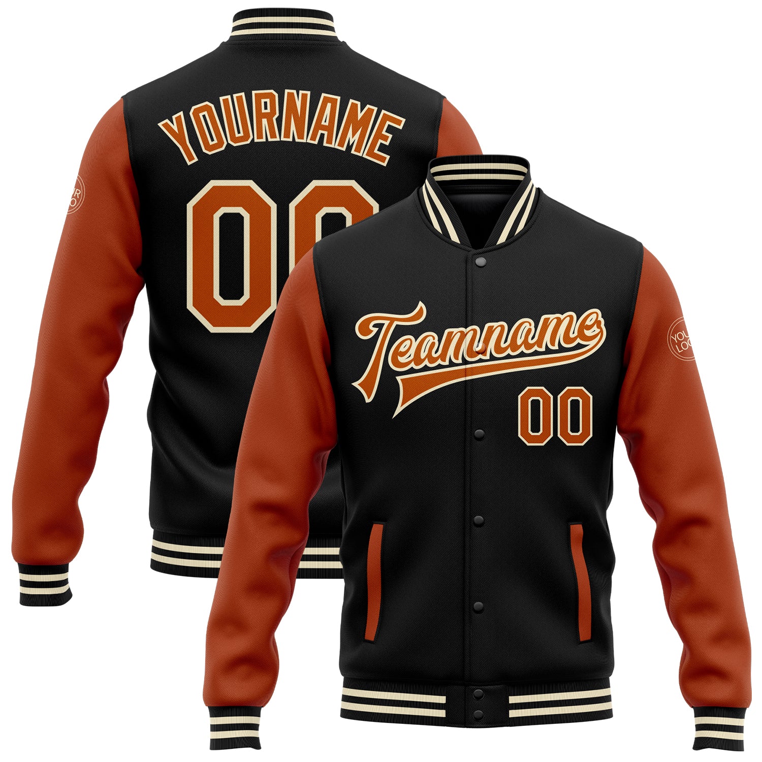 Custom Name Number Bomber Jacket Two Tone Black Orange-Cream Varsity Full-Snap Texas Team Personalized Apparel Personalized