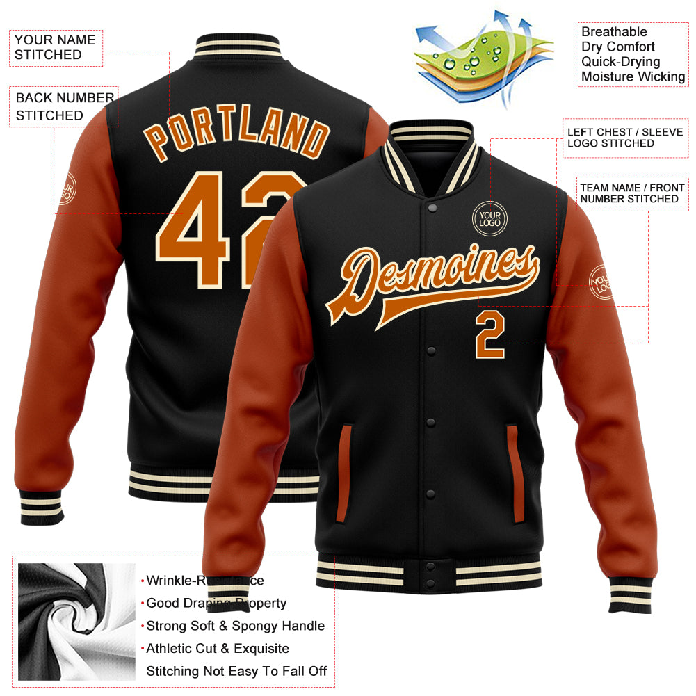Personalized Black Texas Orange-Cream Bomber Full-Snap Varsity Letterman Two Tone Jacket Team Custom Name and Number Custom Name Number Bomber Jacket Two Tone Black Orange-Cream Varsity Full-Snap Texas Team Personalized Apparel Personalized - Image 3