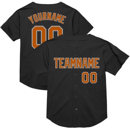 Personalized Black Texas Baseball Jersey - Orange-Gray Mesh Throwback Design Personalized Black Texas Orange-Gray Mesh Throwback