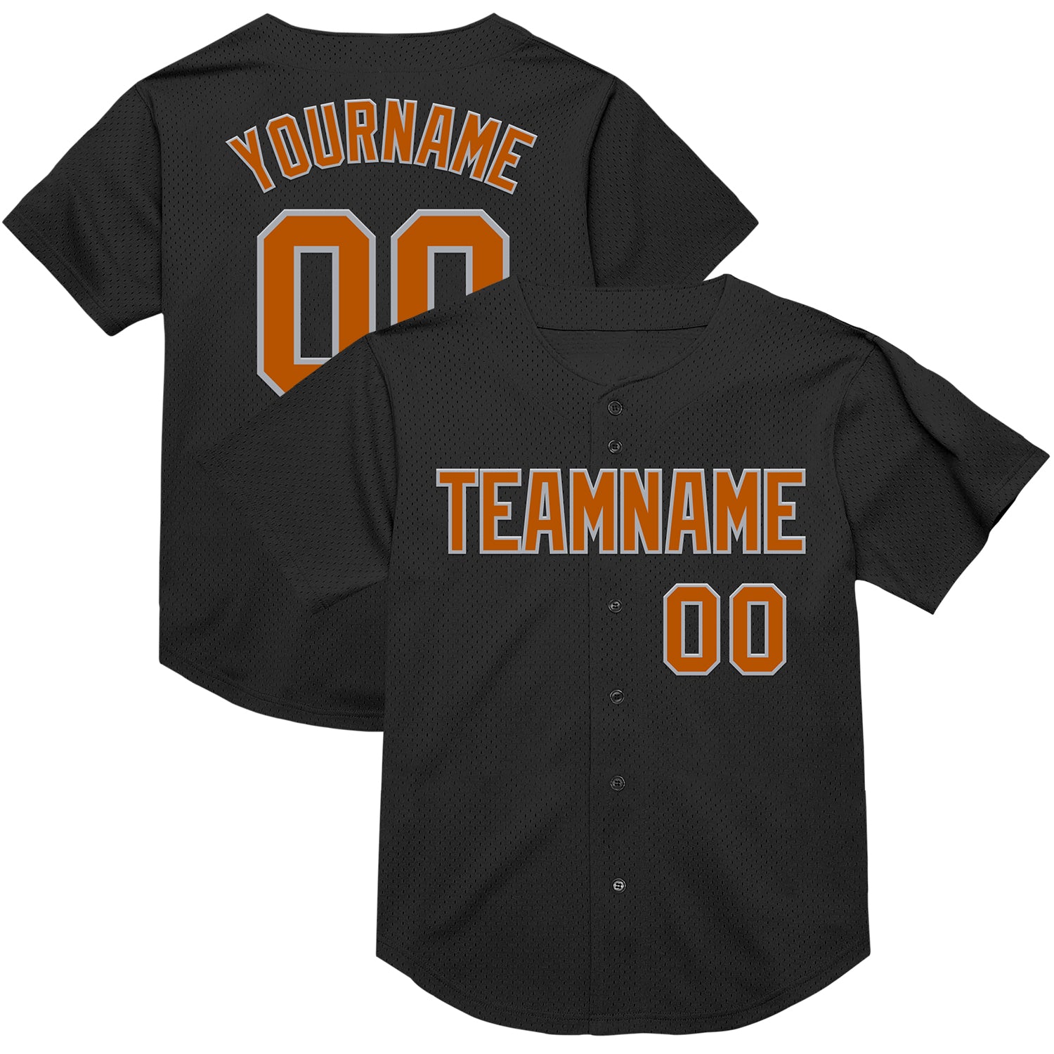 Personalized Black Texas Baseball Jersey - Orange-Gray Mesh Throwback Design Personalized Black Texas Orange-Gray Mesh Throwback