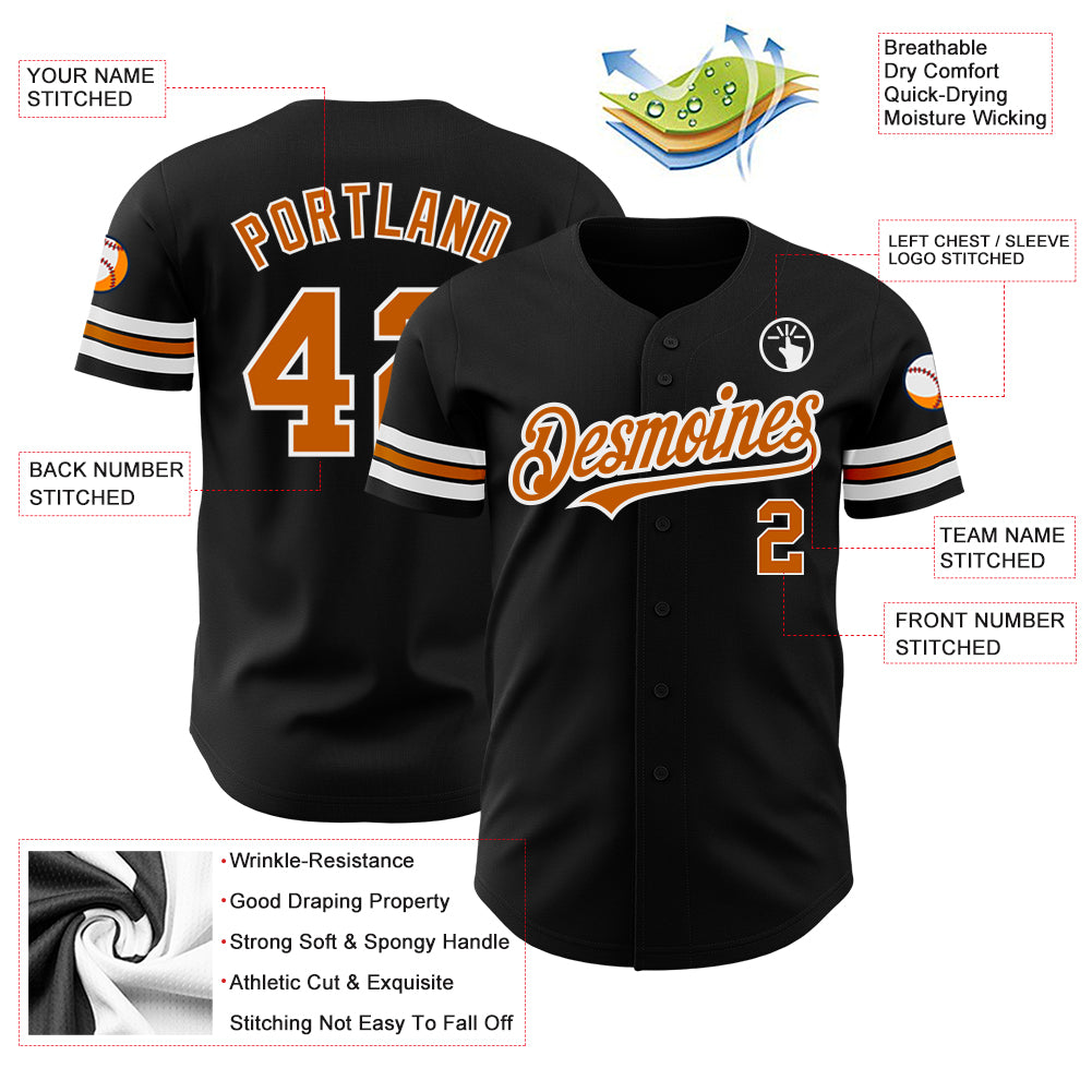 Personalized Texas Baseball Jersey in Black and Orange-White - Custom Size 3 Personalized Black Texas Orange-White Baseball - Image 3